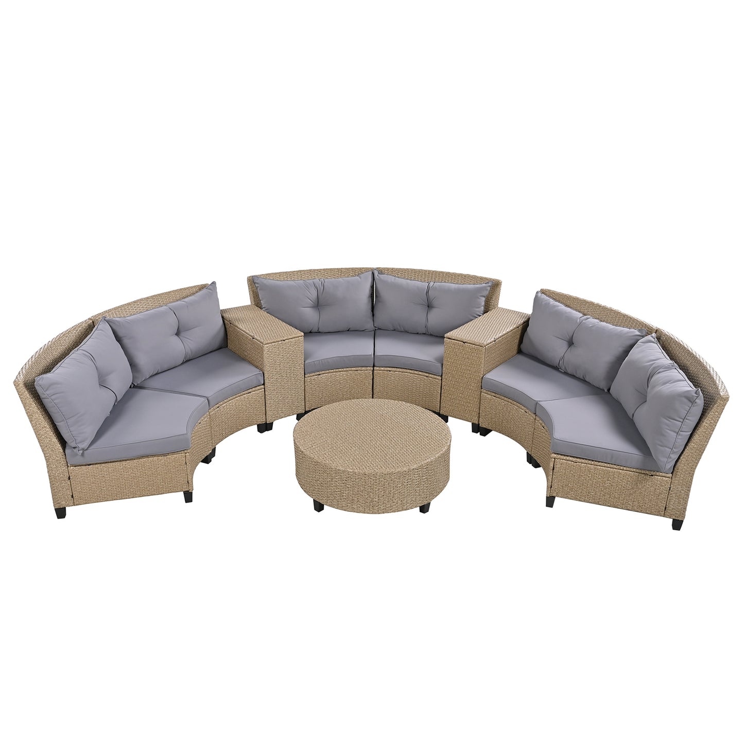 HDPE Rattan 6-Person Fan-shaped Suit with Cushions and Table