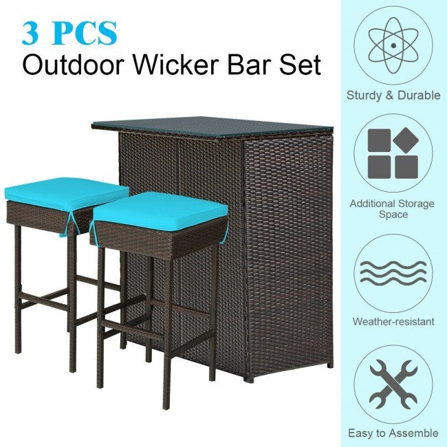 3 Pieces Patio Rattan Wicker Bar Table Dining Set with Stools