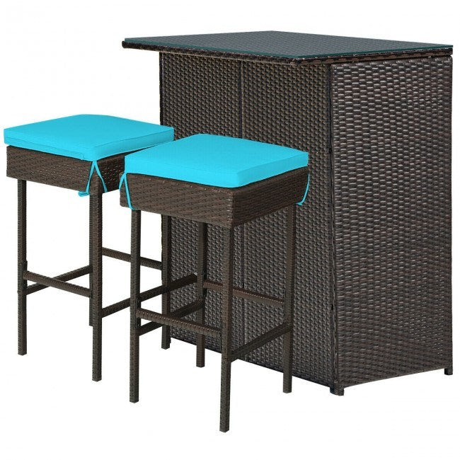 3 Pieces Patio Rattan Wicker Bar Table Dining Set with Stools