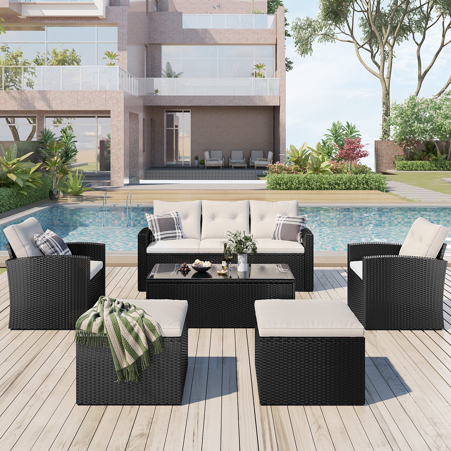 6-Piece Wicker PE Rattan Patio Set with Black wicker and Beige cushion