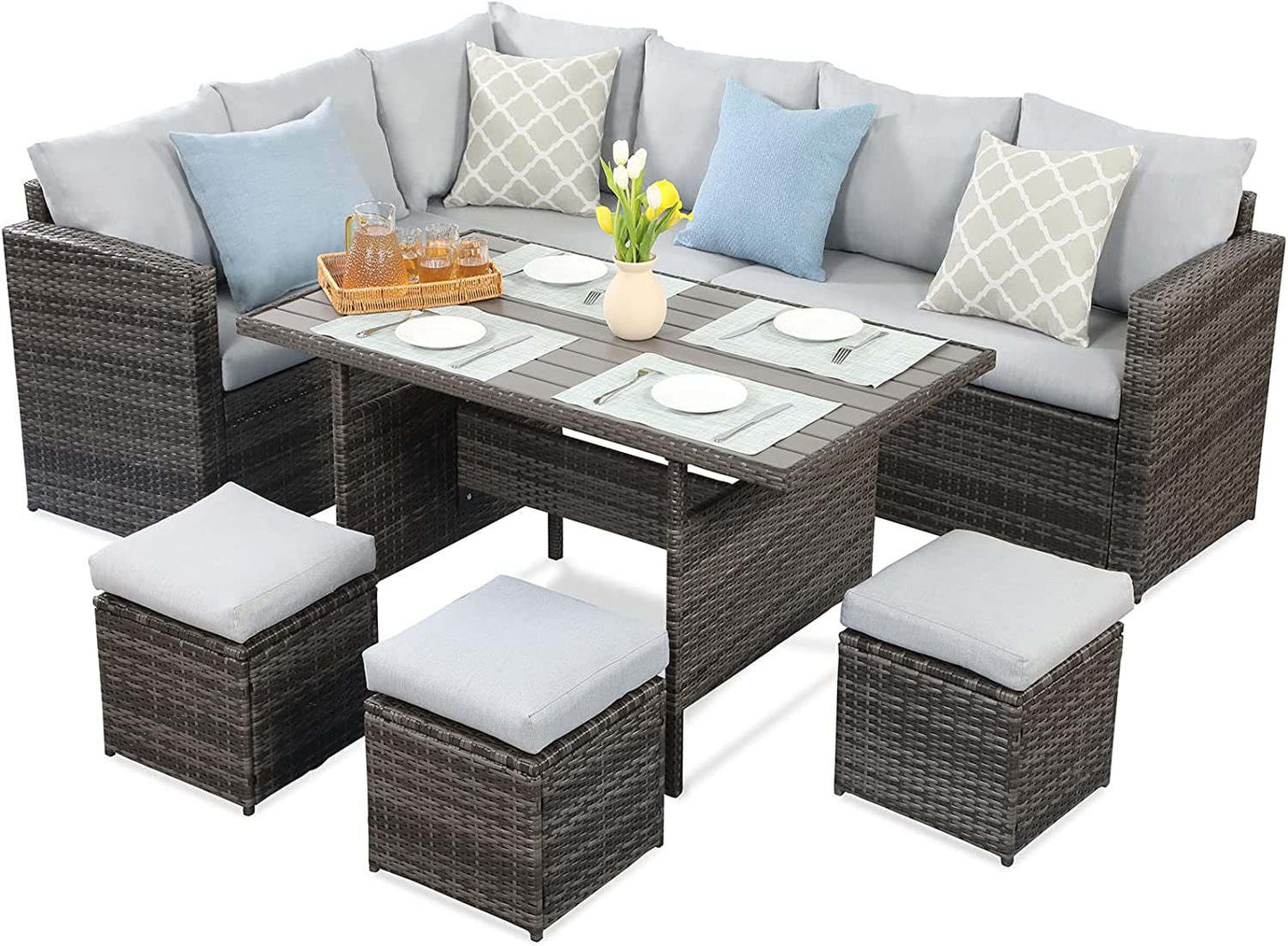 7-Pieces PE Rattan Wicker Patio Dining Sectional Sofa Set with Grey cushions