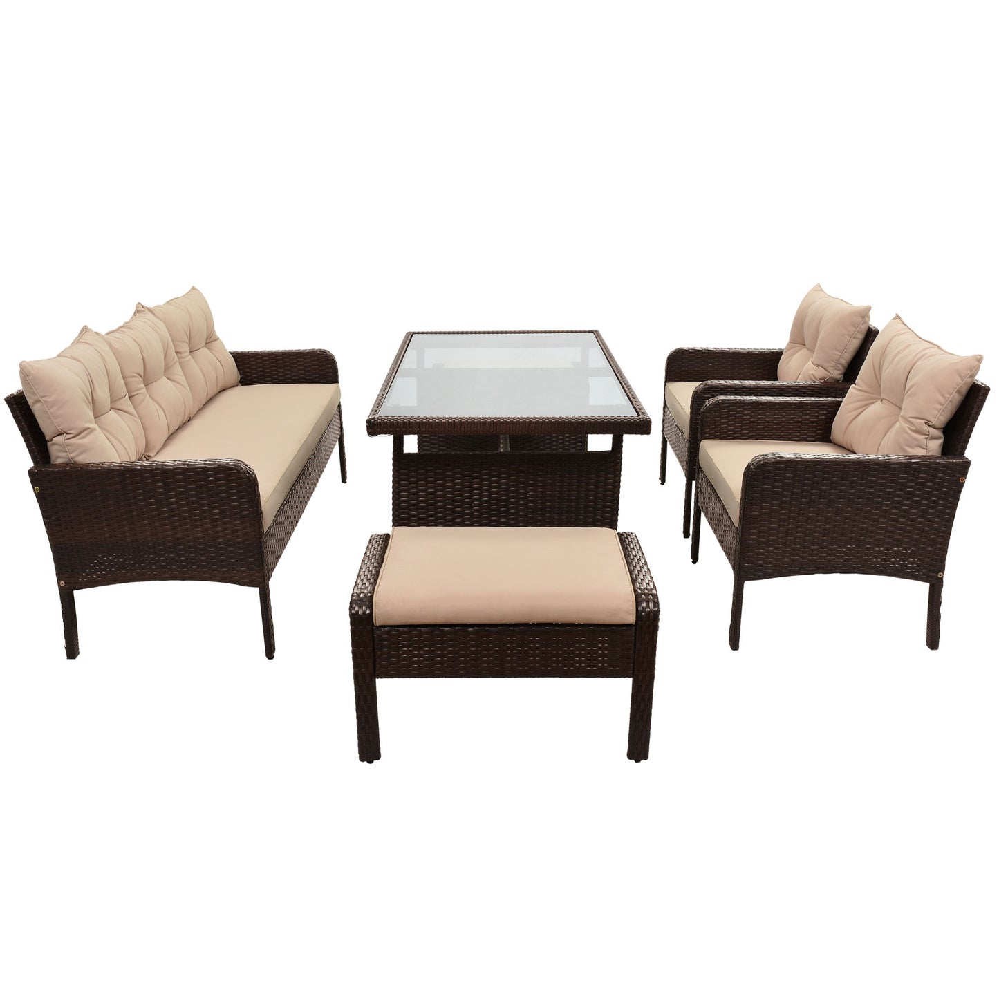 6-Piece Outdoor Wicker Rattan Sofa Set Dining Table Set with Removable Cushions and Tempered Glass Table