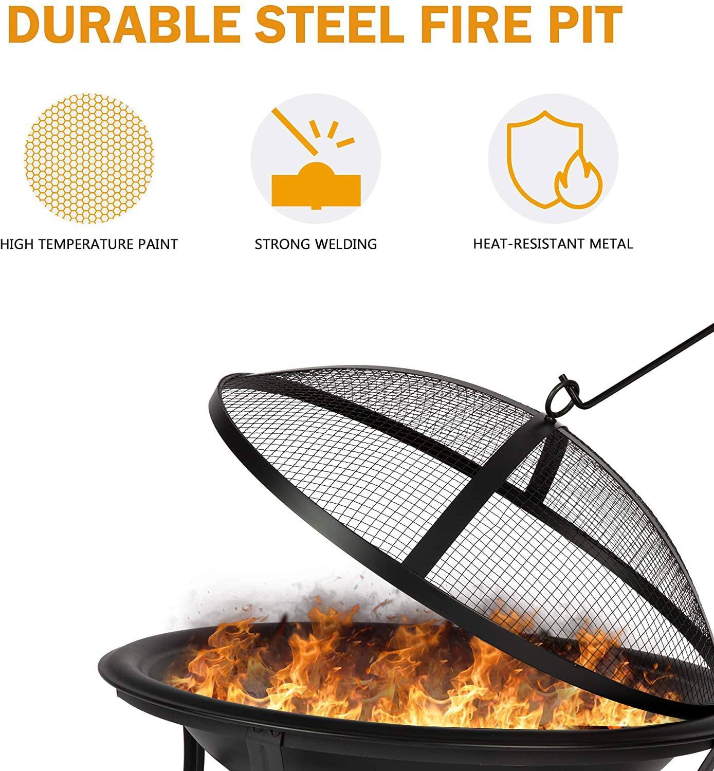 22'' Outdoor Wood Burning BBQ Grill Firepit Bowl w/Spark Round Mesh Spark Screen Cover Fire Poker Patio Steel Fire Pit Bonfire for Backyard Camping