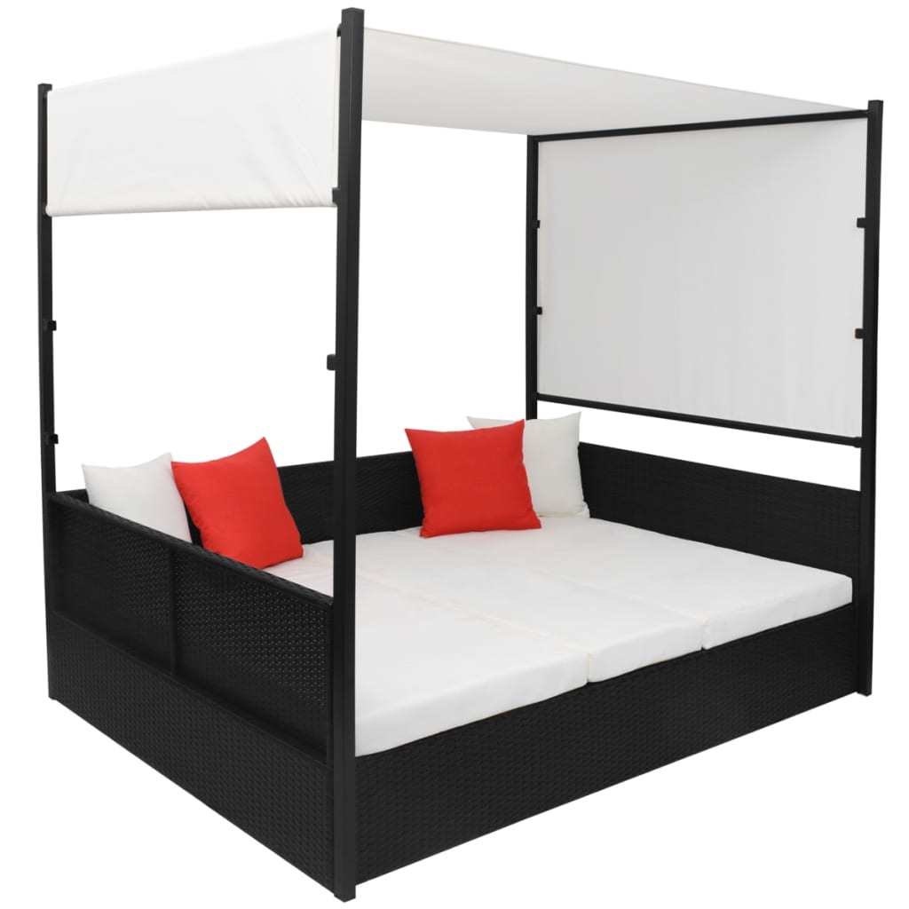 Poly Rattan Black Lounge Bed with Canopy