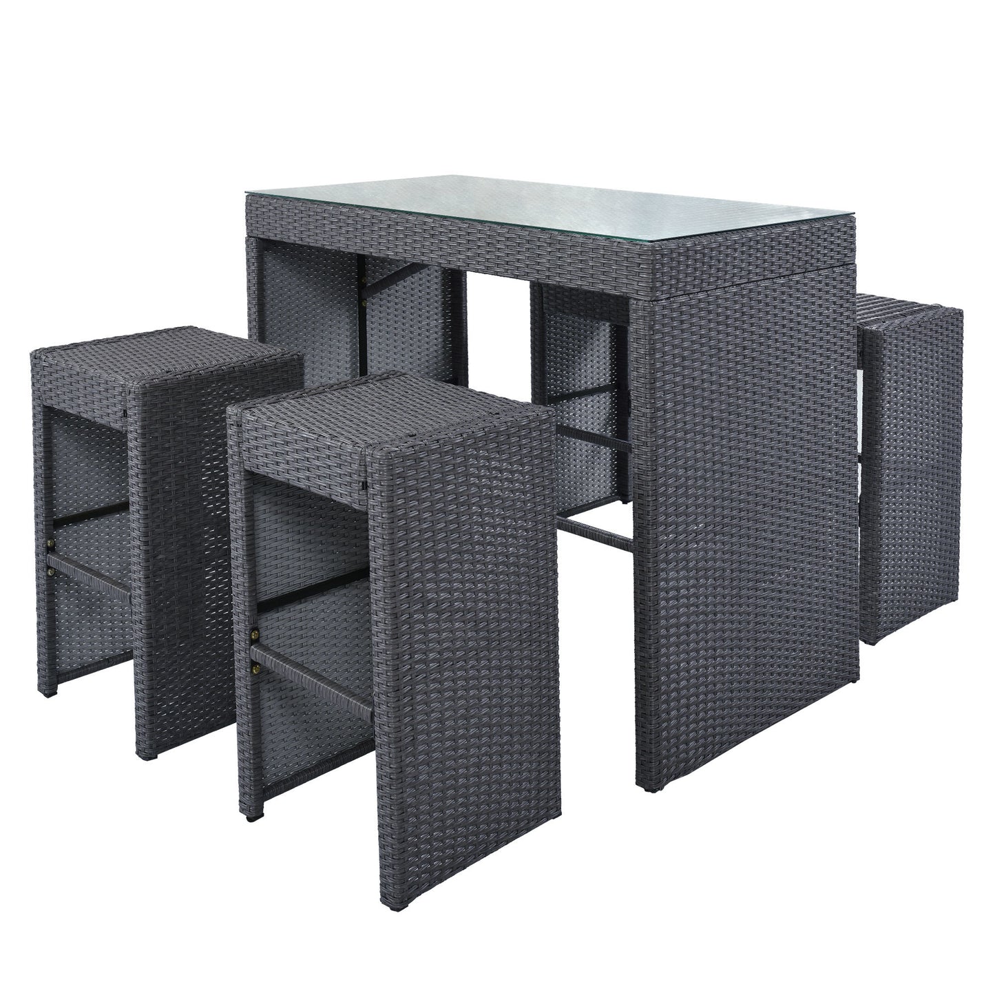 5-piece Rattan Outdoor Patio Bar and Dining Table Set with 4 Stools