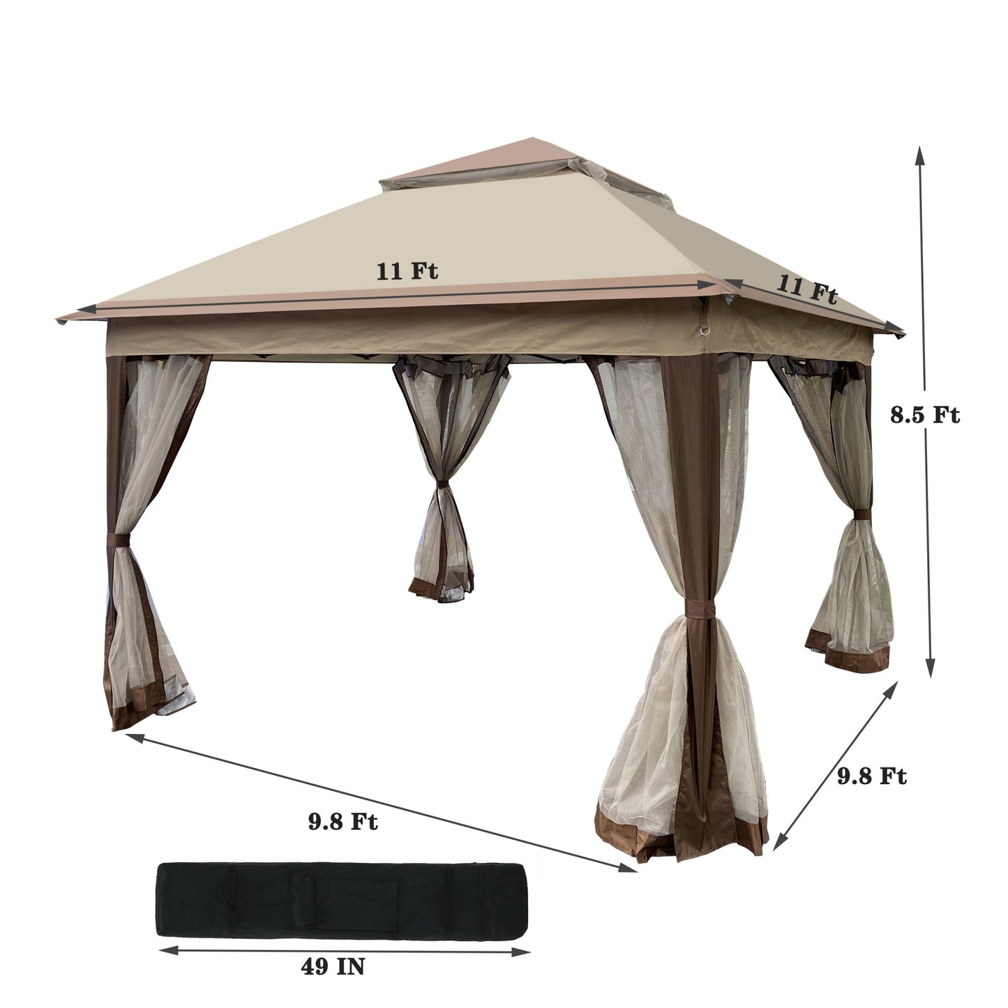 11x 11Ft Pop Up Gazebo Canopy With Removable Zipper Netting and 2-Tier Soft Top in Coffee