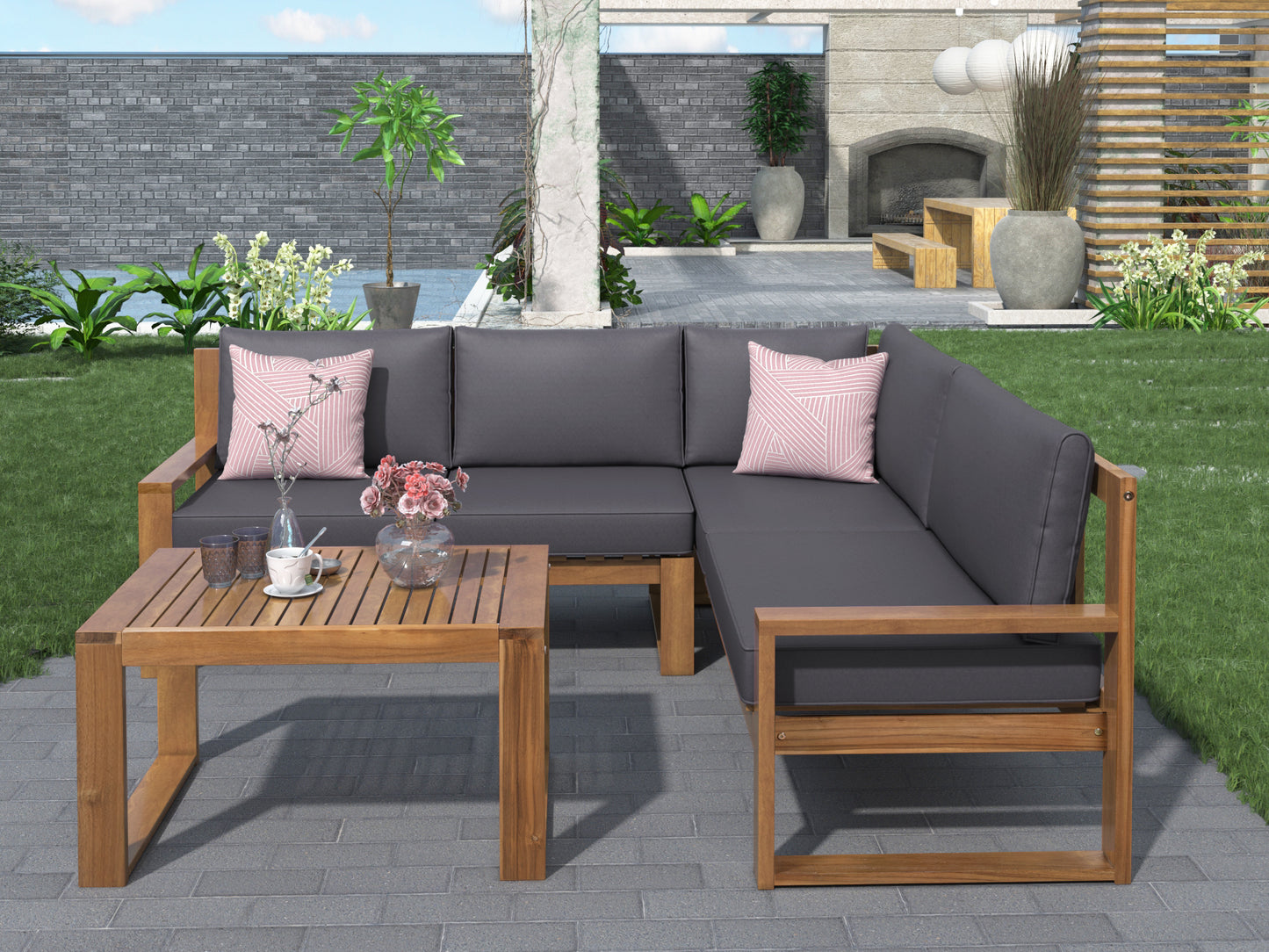 Acacia Wood l Teak Finish 3-Piece Patio Sectional Set