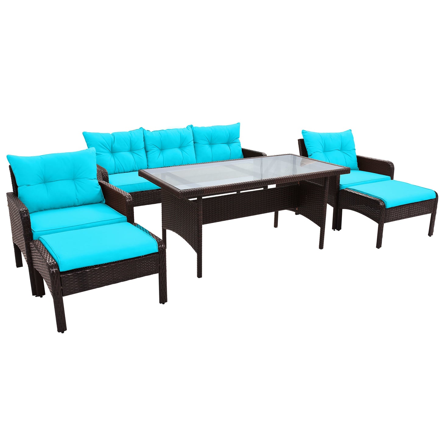 6-Piece Outdoor Wicker Rattan Sofa Set Dining Table Set with Removable Cushions and Tempered Glass Table