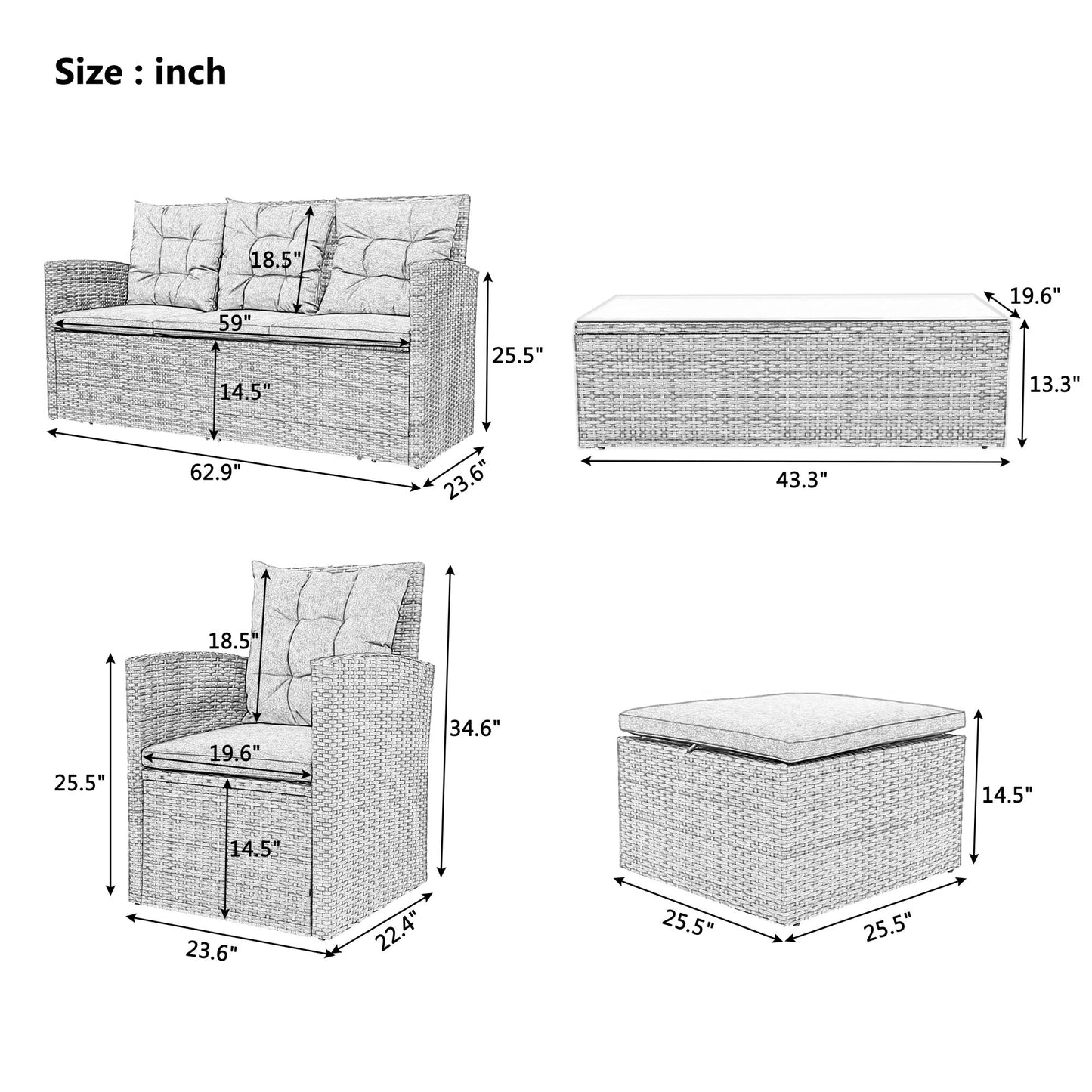 5 piece Outdoor UV-Resistant Patio Sofa Set with Storage Bench All Weather