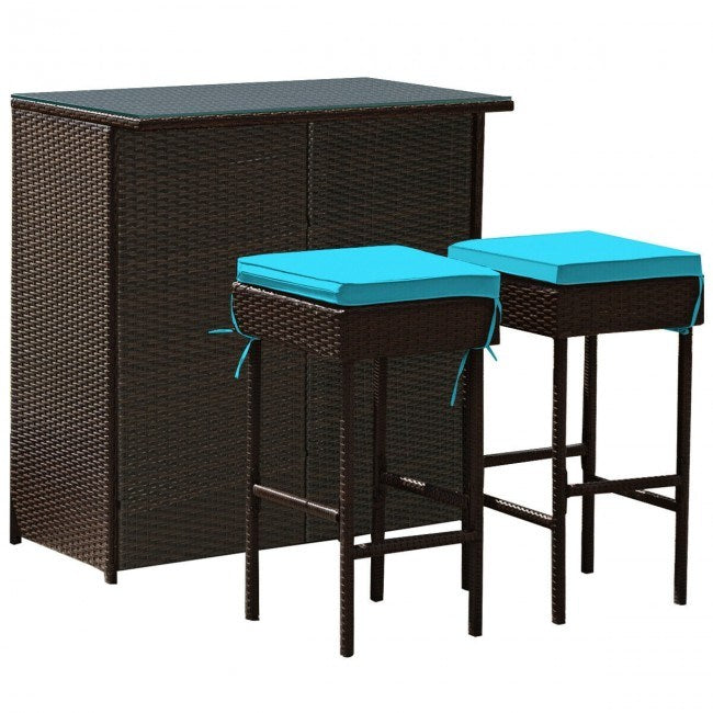 3 Pieces Patio Rattan Wicker Bar Table Dining Set with Stools