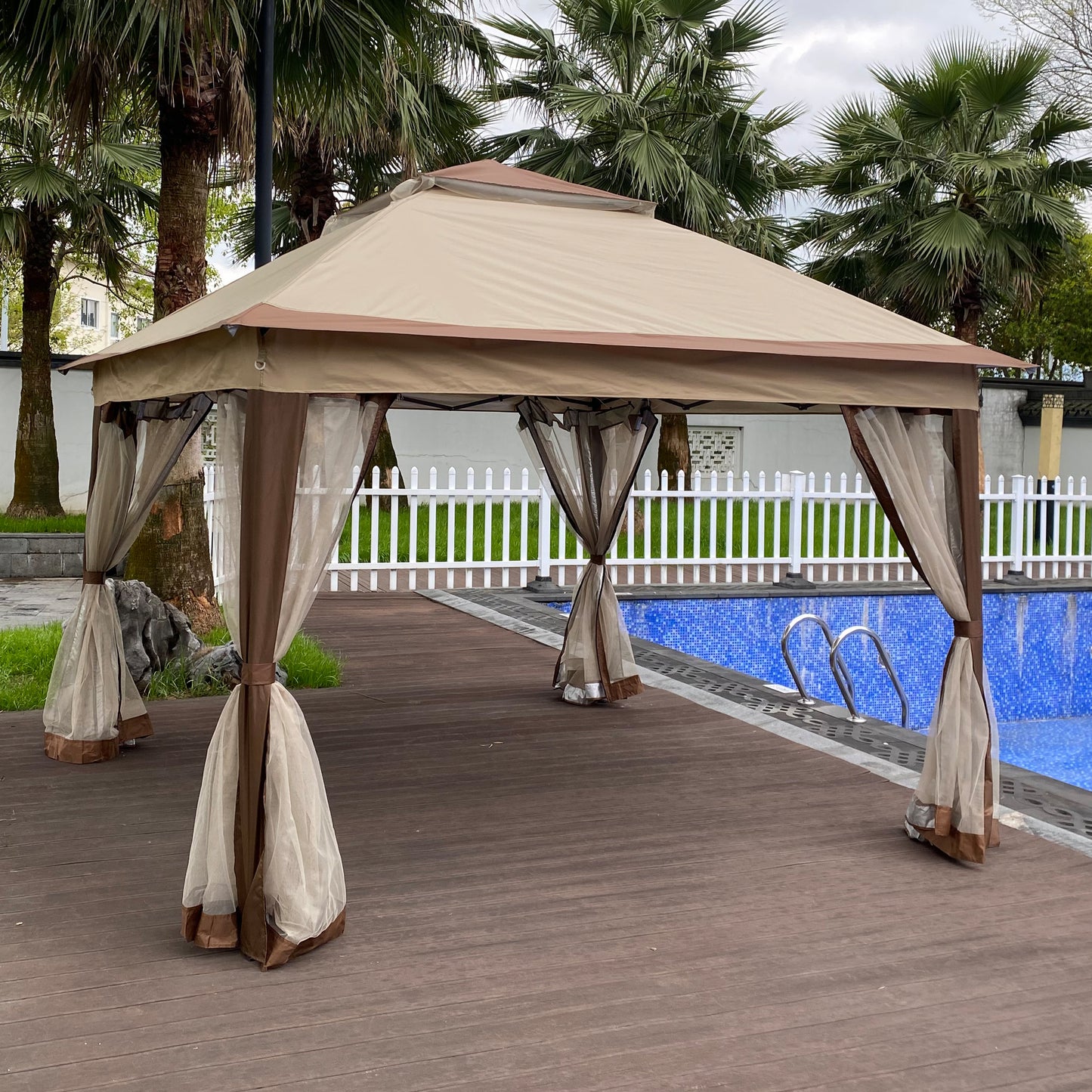 11x 11Ft Pop Up Gazebo Canopy With Removable Zipper Netting and 2-Tier Soft Top in Coffee